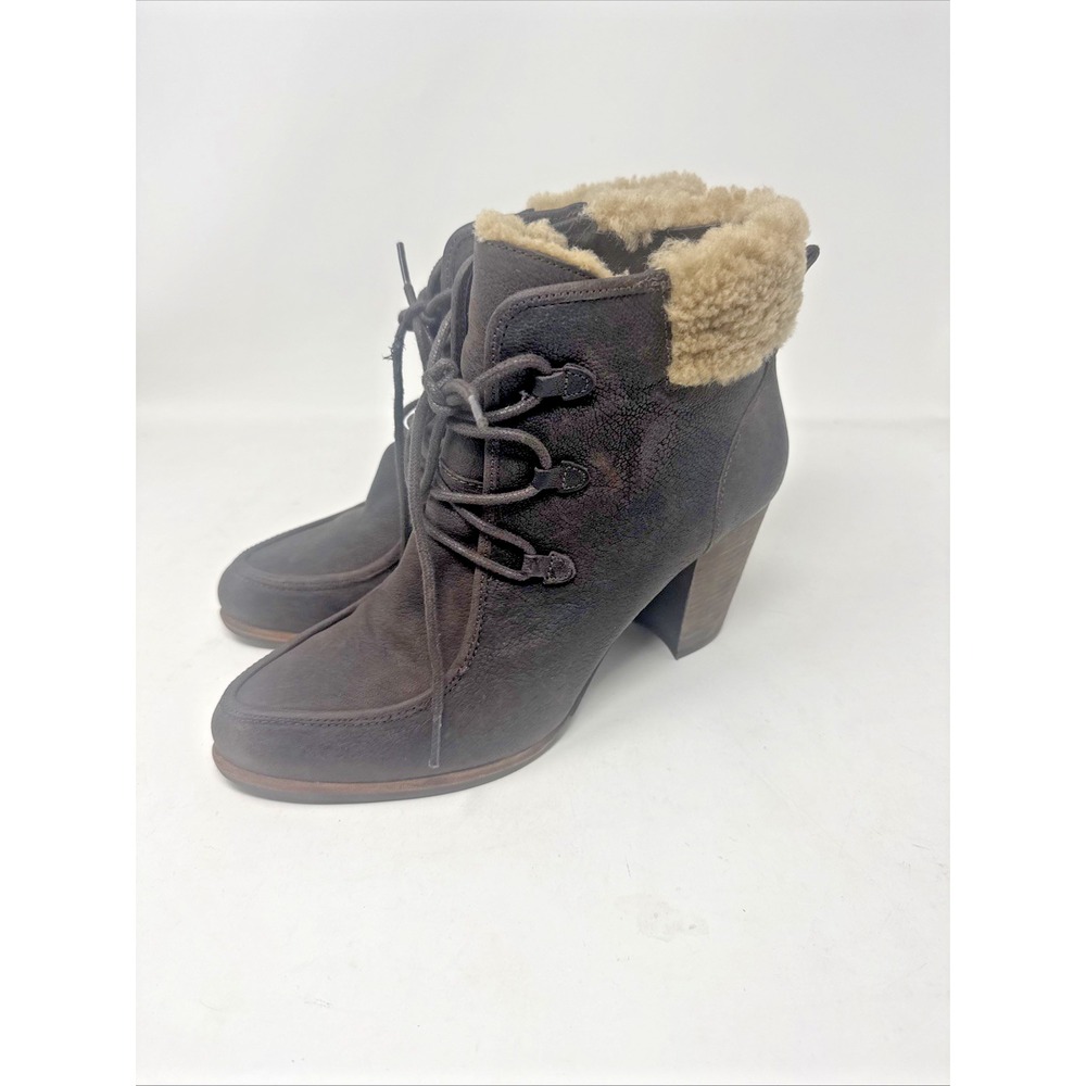 UGG 1008741 Analise Lace Up Brown Sheepskin Leather Heeled Ankle Boots Size 10